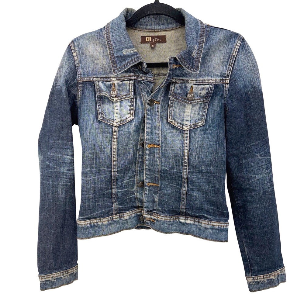 Vintage Y2K Kut from the Kloth Denim Jacket Dark Wash Distressed Jean Jacket S